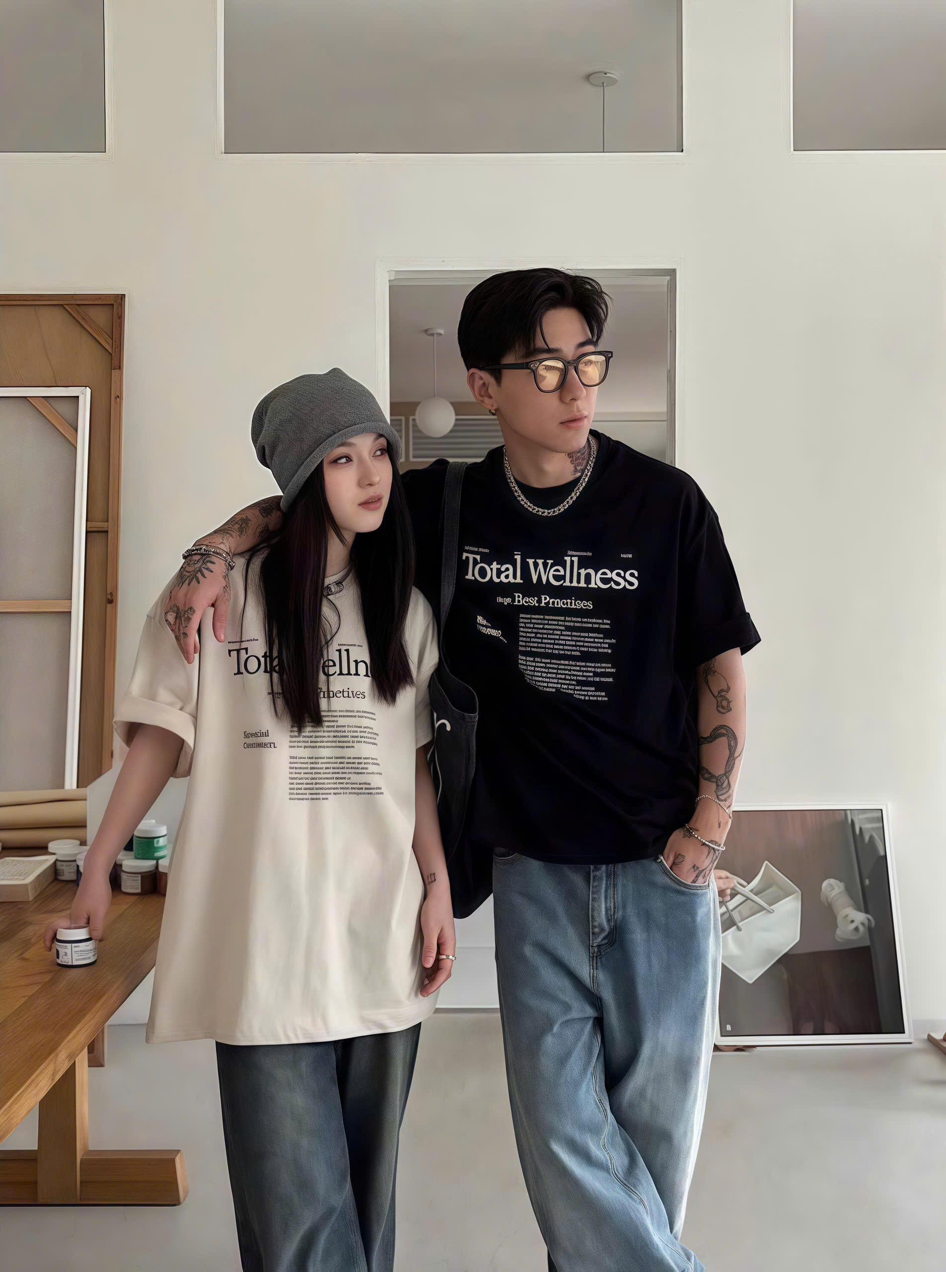 Áo phông nam nữ form rộng 2N Unisex thun cotton in chữ Total màu trắng/đen
