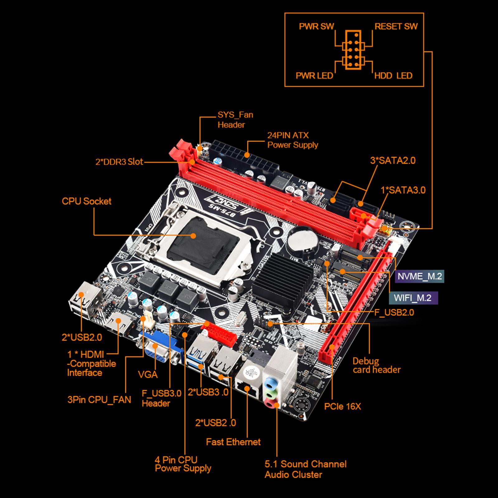 B75 Computer Motherboards Mainboard 3*SATA2.0 2*DDR3 USB3.0 SATA3.0 16GB Support M.2 WiFi M.2 Universal Laptop Motherboard LGA 1155