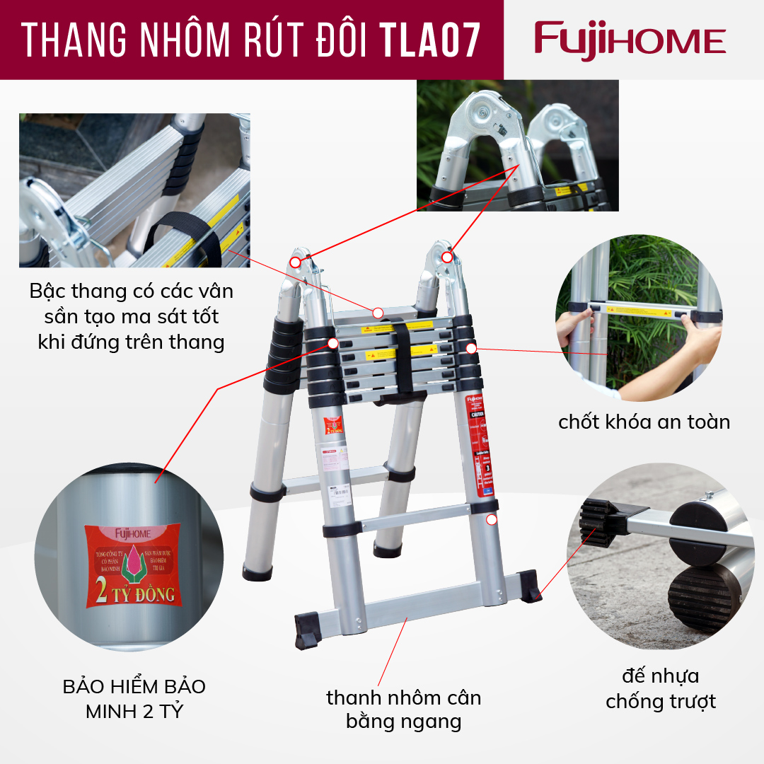 Thang nhôm rút chữ A gấp gọn 5M Nhật Bản Fujihome chống trượt, thang rút đôi 5 mét gấp xếp gọn gia đình đa năng có khóa an toàn 2m4 telescoping ladder - Hàng Nhập Khẩu