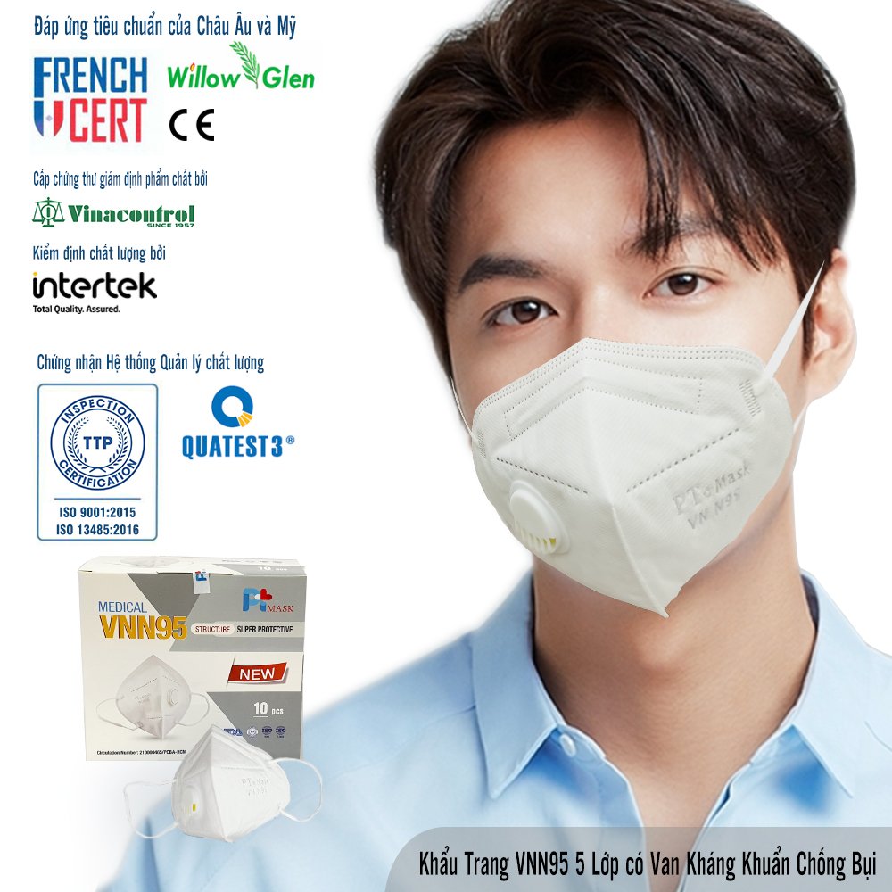 Hộp 10 Cái Khẩu Trang VNN95 PT Mask, Có Van Thở, kháng Khuẩn, Chống Bụi Siêu Mịn PM2.5, Màu Trắng - Đạt Các Chứng Chỉ ISO 13485, ISO 9001, CE, FDA.