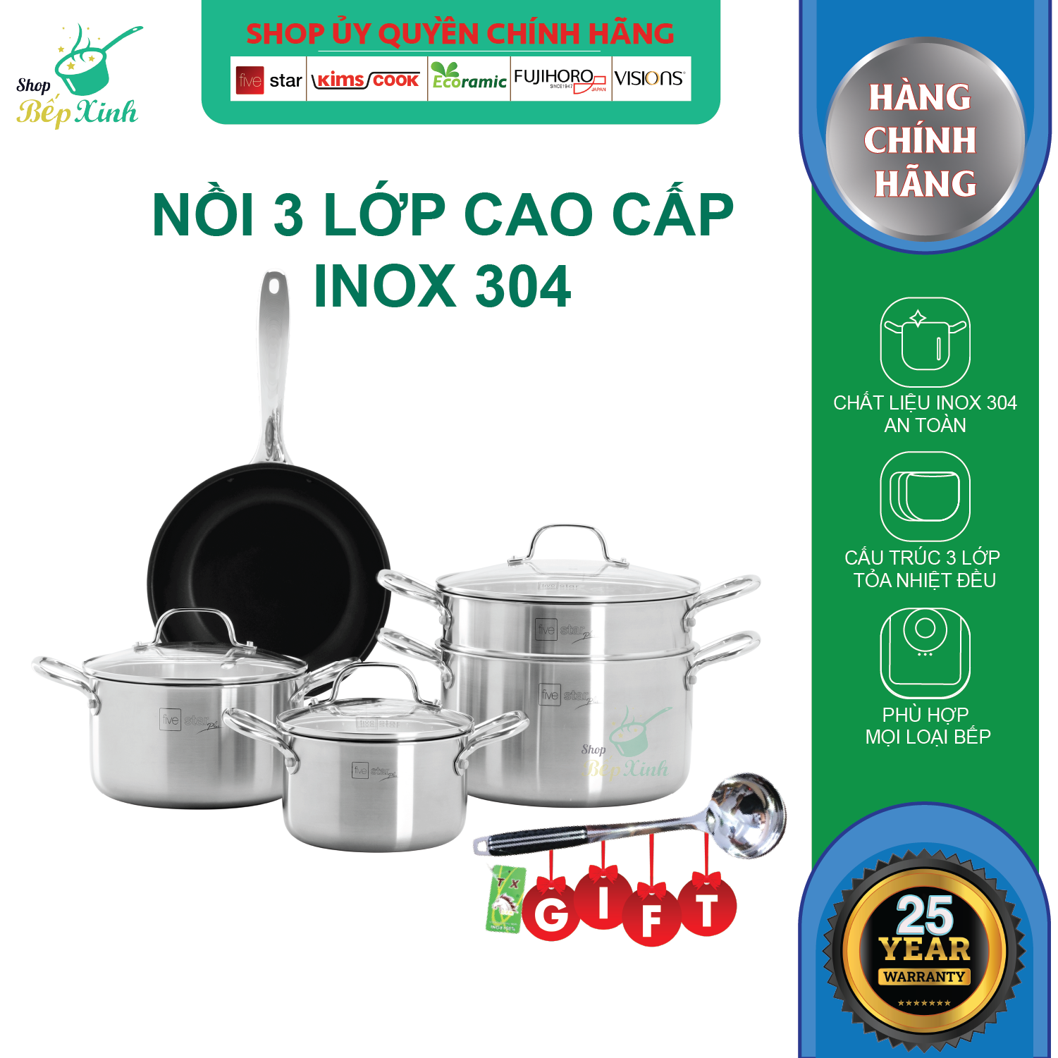 Bộ nồi chảo chống dính 3 lớp đáy liền Inox 304 Fivestar Plus FPB5006 nắp kính , bảo hành 25 năm - tặng 1 vá canh