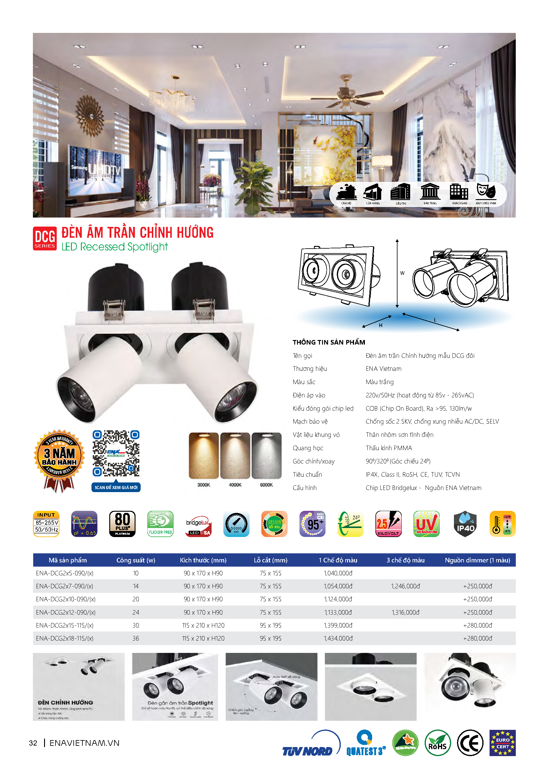 Đèn LED âm trần đôi chỉnh hướng chiếu điểm ENA mẫu DCG 10W 14W 20W 24W dễ dàng điều chỉnh góc chiếu sáng