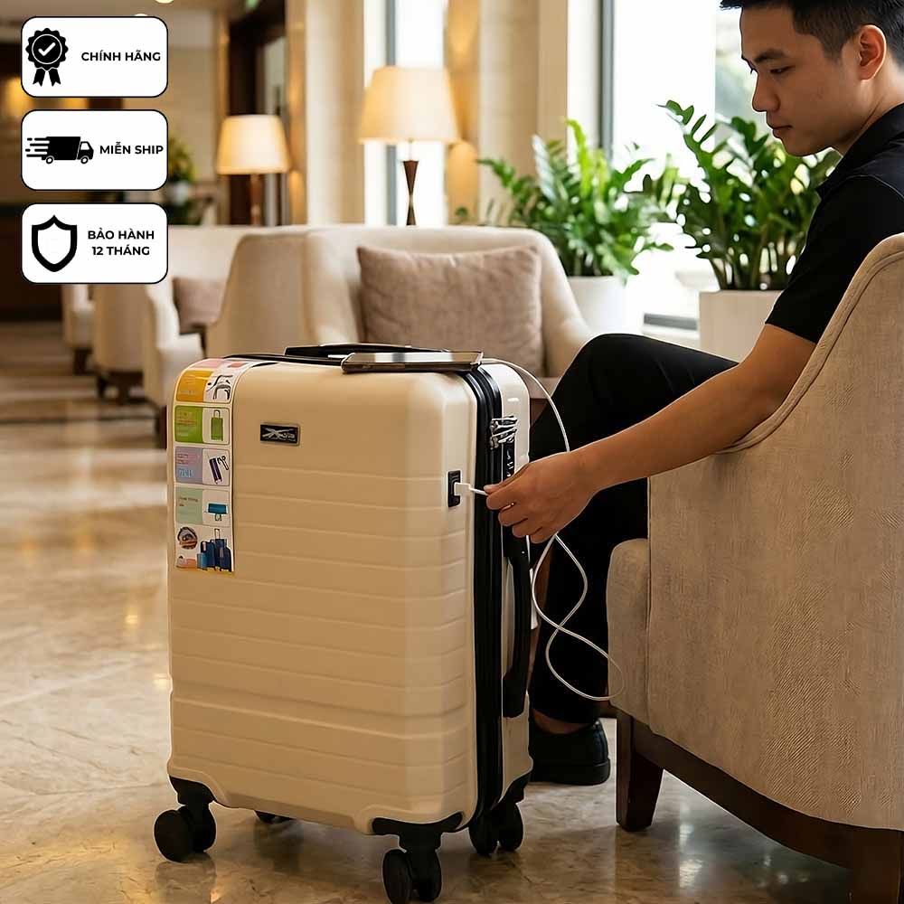 Vali kéo du lịch xách tay cao cấp Xbags White Titan Pro XB6105 khóa TSA an toàn USB tiện dụng, thiết kế sang trọng đẳng cấp size 20!