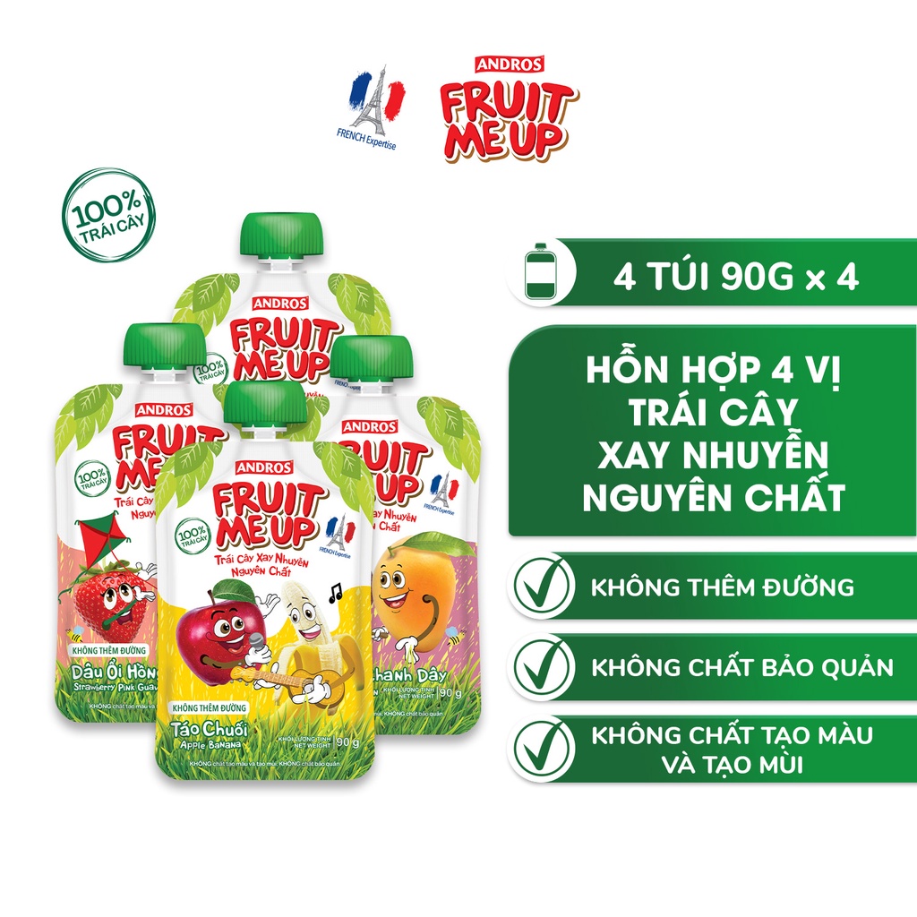 Combo 4 Túi Trái Cây Xay Nhuyễn Hỗn Hợp 4 vị - ANDROS FRUIT ME UP - 90g x 4