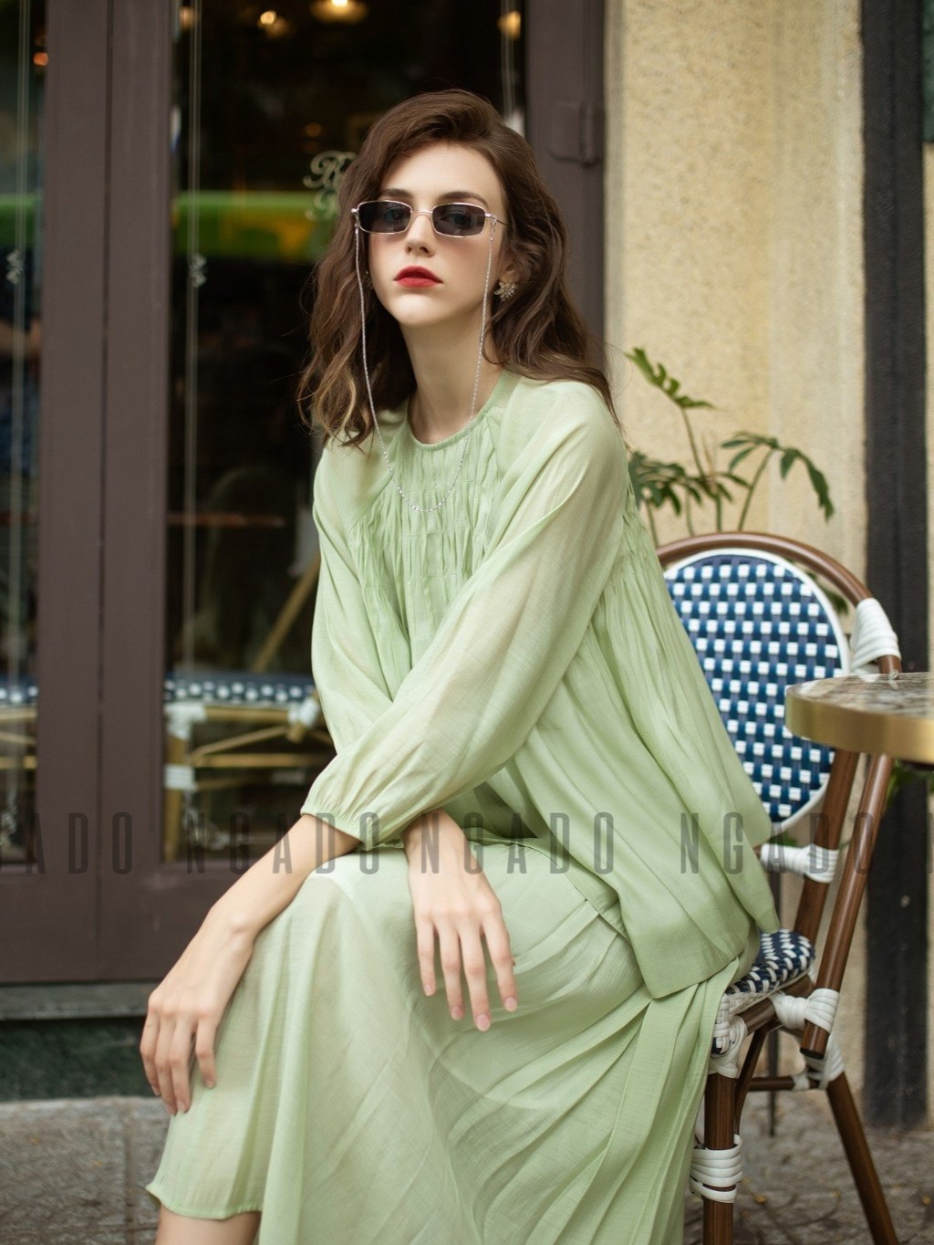 Set áo váy xanh tay dài NGADO
