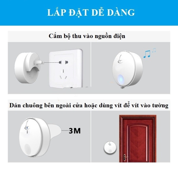 Chuông báo khách không dây, không dùng pin cao cấp G2 ( Điều chỉnh âm lượng, kiểu nhạc chuông đa dạng - Tặng kèm 02 móc dán treo tường ngẫu nhiên )