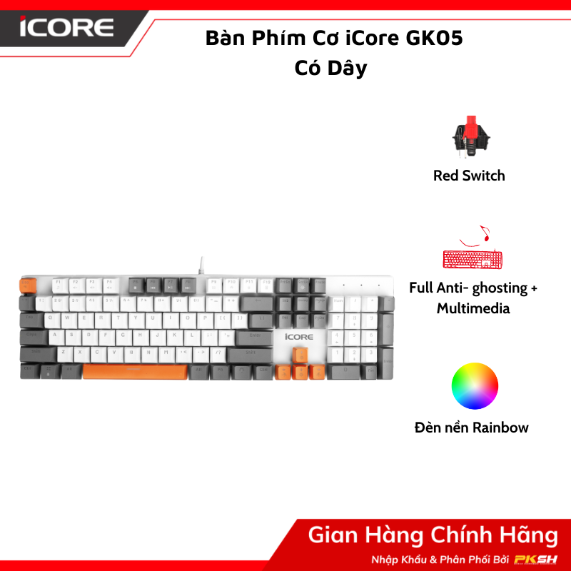 Bàn Phím Cơ iCore GK05 Có Dây - Red Switch Êm Ái, Đèn LED Cầu Vồng - Hàng chính hãng