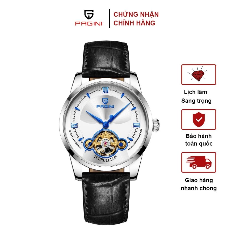 Đồng hồ cơ nam automatic PAGINI lộ máy PA19966 hàng chính hãng