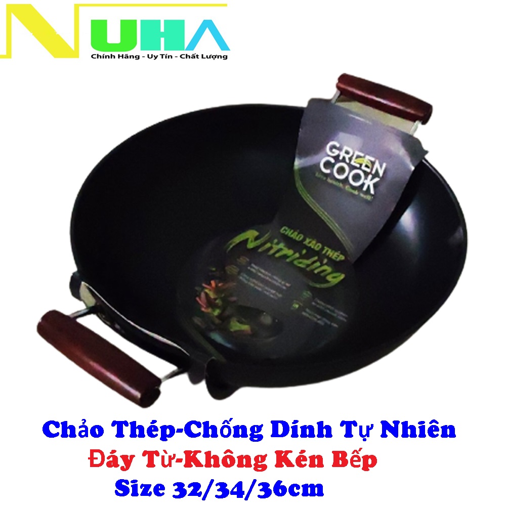 Chảo xào thép sâu lòng Nitriding Greencook GCW01 size 32/34/36cm dùng mọi loại bếp, chống dính tự nhiên-hàng chính hãng