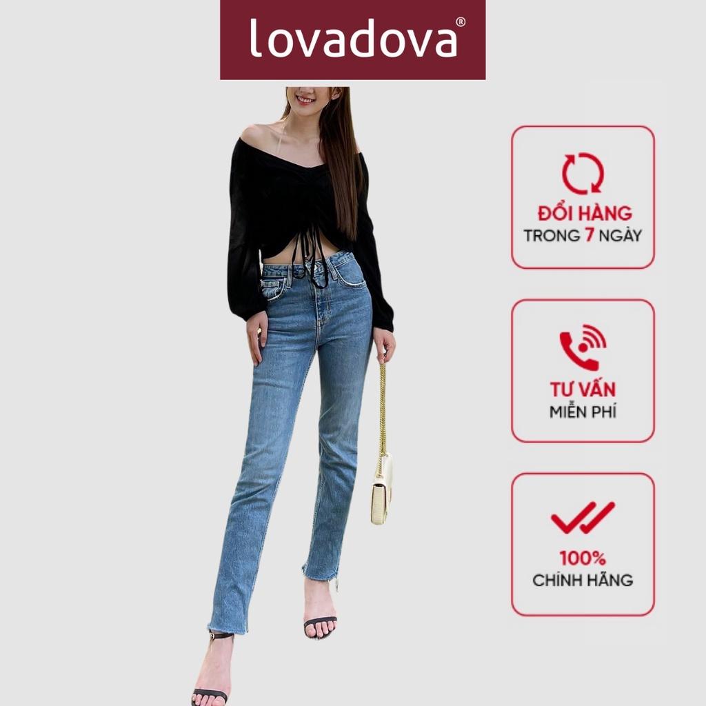 Áo CropTop, Dài Tay, Cách Điệu Trễ Vai, Nhún Trước Ngực, Màu Đen - Lovadova 21B01C003