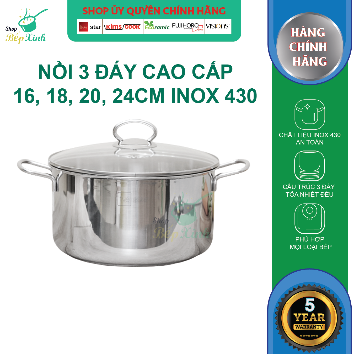 Nồi inox Fivestar 3 đáy từ , tặng 1 vá canh