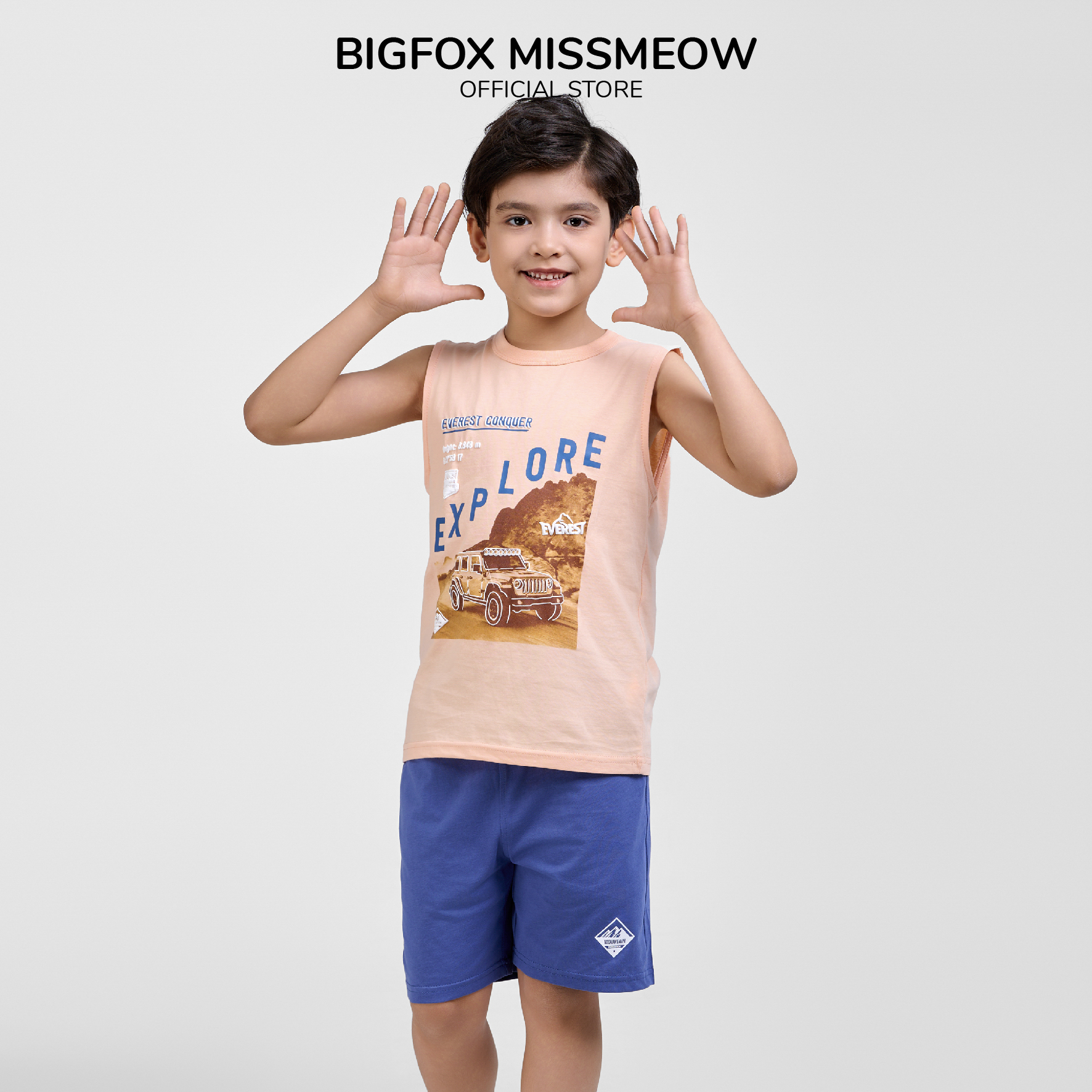 Bộ ba lỗ bé trai chất cotton Bigfox Miss Meow in ô tô size đại cỡ 3,7,9,11 tuổi 30kg 40kg