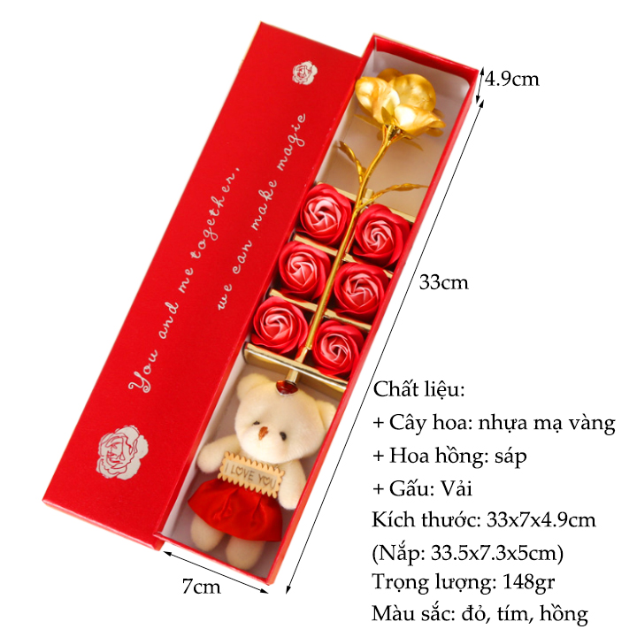 Hộp quà 6 bông và cây hoa hồng mạ vàng có gấu kèm chữ I Love You - Quà tặng bạn gái lễ tình nhân valentine 14/2