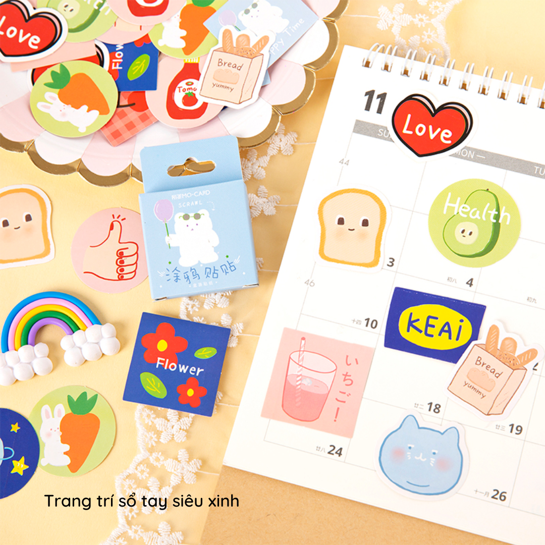 Sticker 11 hình dán trang trí sổ tay dễ thương mẫu bất kỳ Crabit