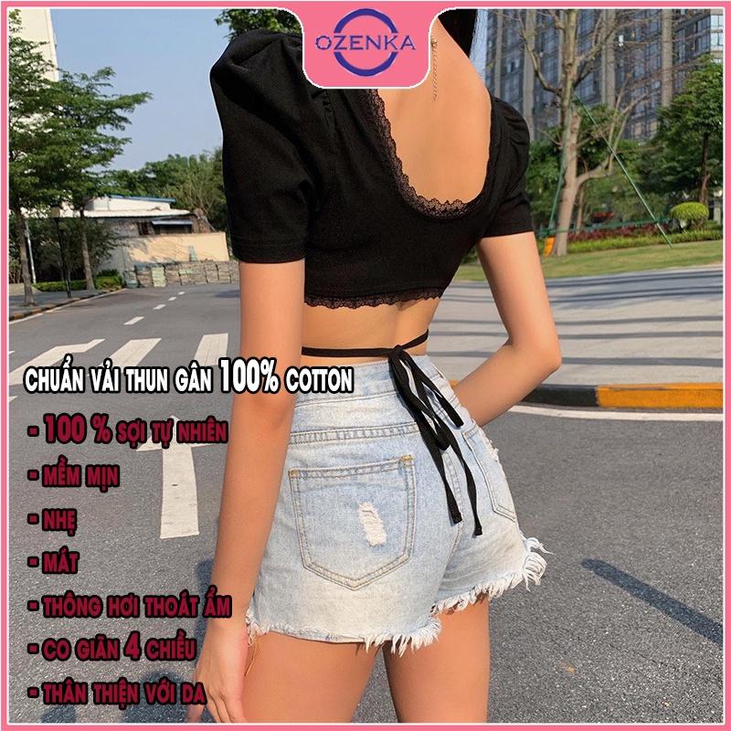 Áo croptop cổ V cộc tay vai bồng phối ren nữ, áo thun nữ ôm body hở lưng gợi cảm buộc dây màu đen dưới 50kg