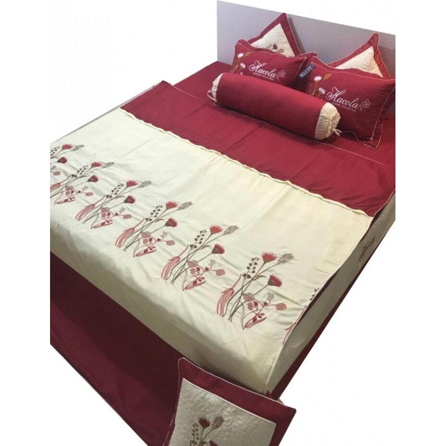 Bộ chăn ga gối Satin poly thêu 7 món cao cấp - Đỏ