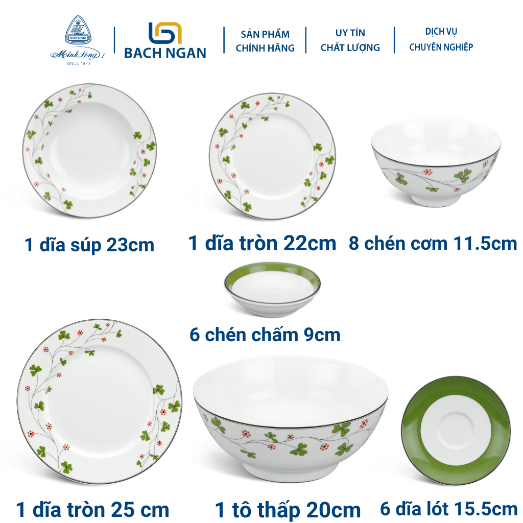 Bộ chén dĩa sứ Minh Long 24 sản phẩm JASMINE Hoa May Mắn dùng cho gia đình, sứ đẹp cao cấp dùng đãi khách, tặng quà tết