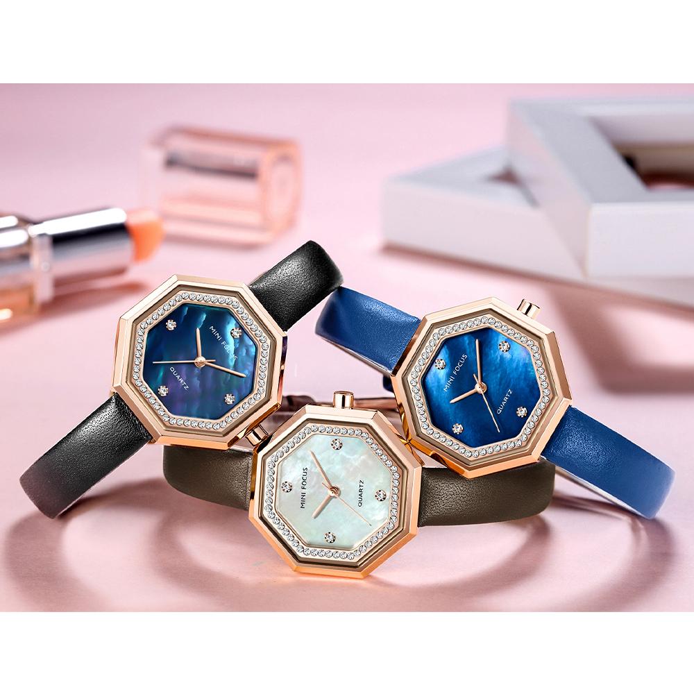  Đồng hồ thời trang nữ với dây đeo bằng da đính kim cương pha lê Chống thấm nước 
MINI FOCUS Women Quartz Watch Octagon Case