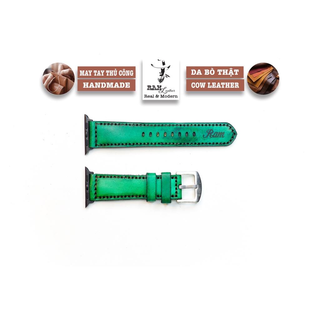 Dây đồng hồ da bò thảo mộc vegtan xanh ngọc handmade bền chắc RAM