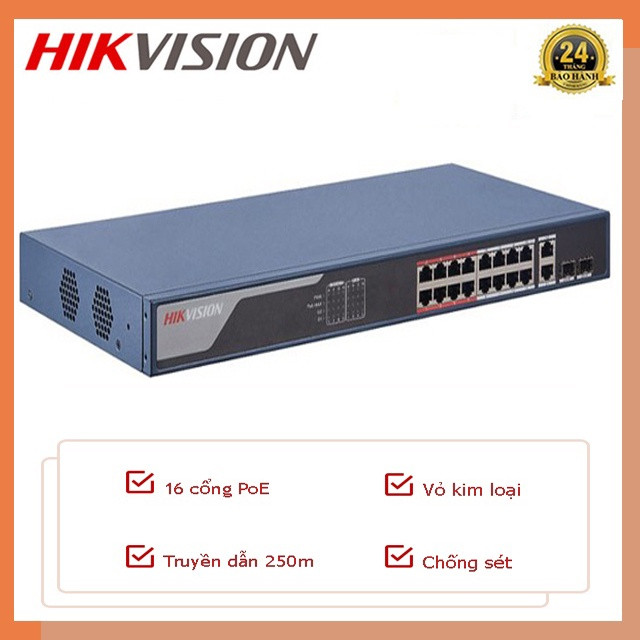 [Chính hãng] Switch mạng 16 cổng Hikvision DS-3E0318P-E/M(B) PoE 100M. Vỏ kim loại, chống sét, 1 cổng uplink 1000M, 1 cổng SFP độc lập 10/100/1000M