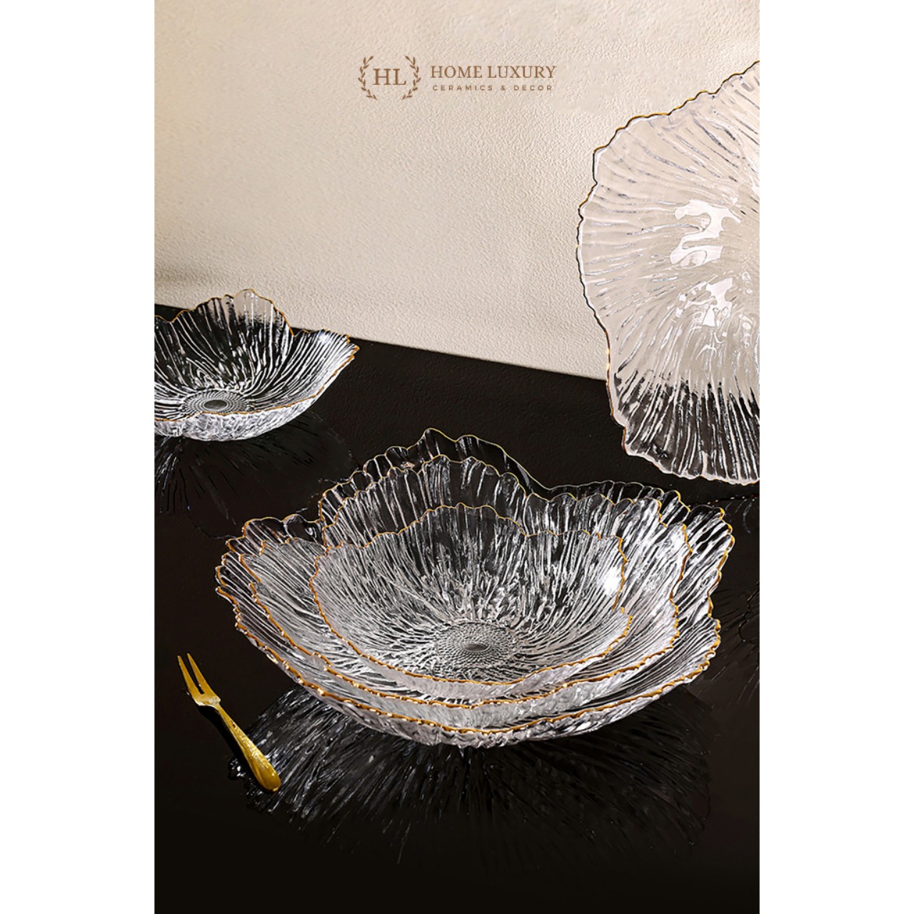 Set 3 Đĩa thủy tinh Decor chịu nhiệt - chịu lực borosilicate viền vàng cao cấp -Đĩa cánh hoa vân đá phong cách Hàn Quốc - HÀNG CHÍNH HÃNG MINIIN