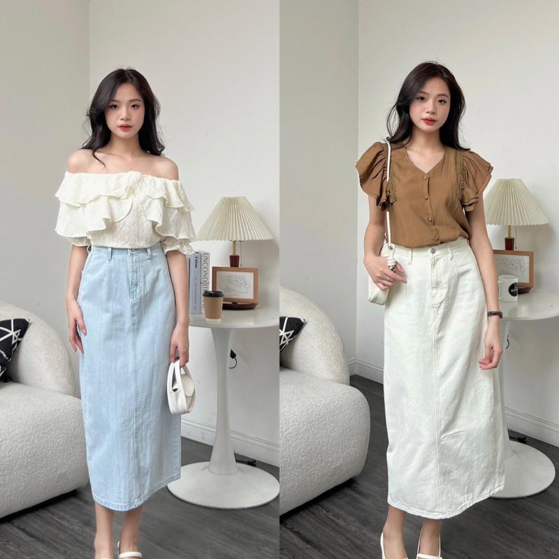 Chân váy jean bò nữ v238806 suông dáng dài cạp cao germe
