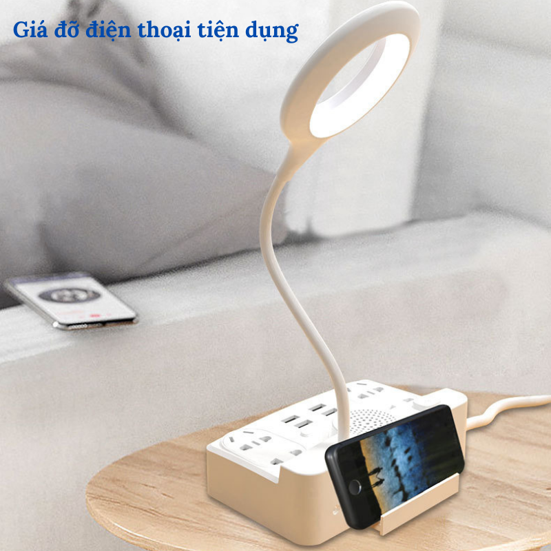 Đèn Học LED Để Bàn Tích Hợp Loa Bluetooth Và Ổ Cắm Điện Đa Năng Có 4 Cổng USB 3.5A Bugu HHT101 Có Giá Đỡ Điện Thoại Tiện Dụng