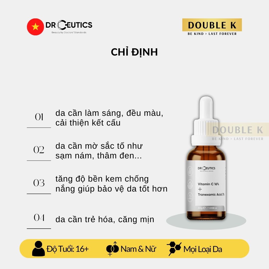 DrCeutics Vitamin C 16% + Tranexamic Acid 3% - Serum Sáng Da, Mờ Sạm Nám; Chống Lão Hóa - Double K