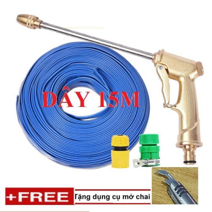 Bộ dây vòi xịt nước rửa xe, tưới cây . tăng áp 3 lần, loại 15m 206701-3 đầu đồng,cút,nối vàng+ tặng mở chai