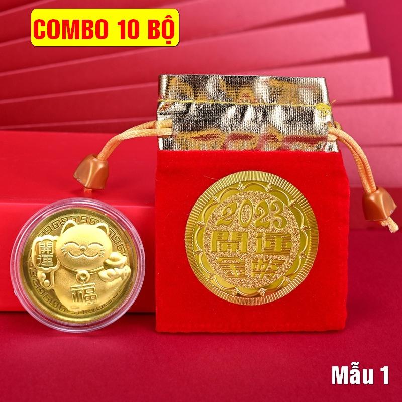 COMBO 10 ĐỒNG XU Mèo VÀNG KÈM TÚI GẤM ĐỎ 2023 MAY MẮN - MẪU 1, Tiền lì xì tết 2023 , NELI