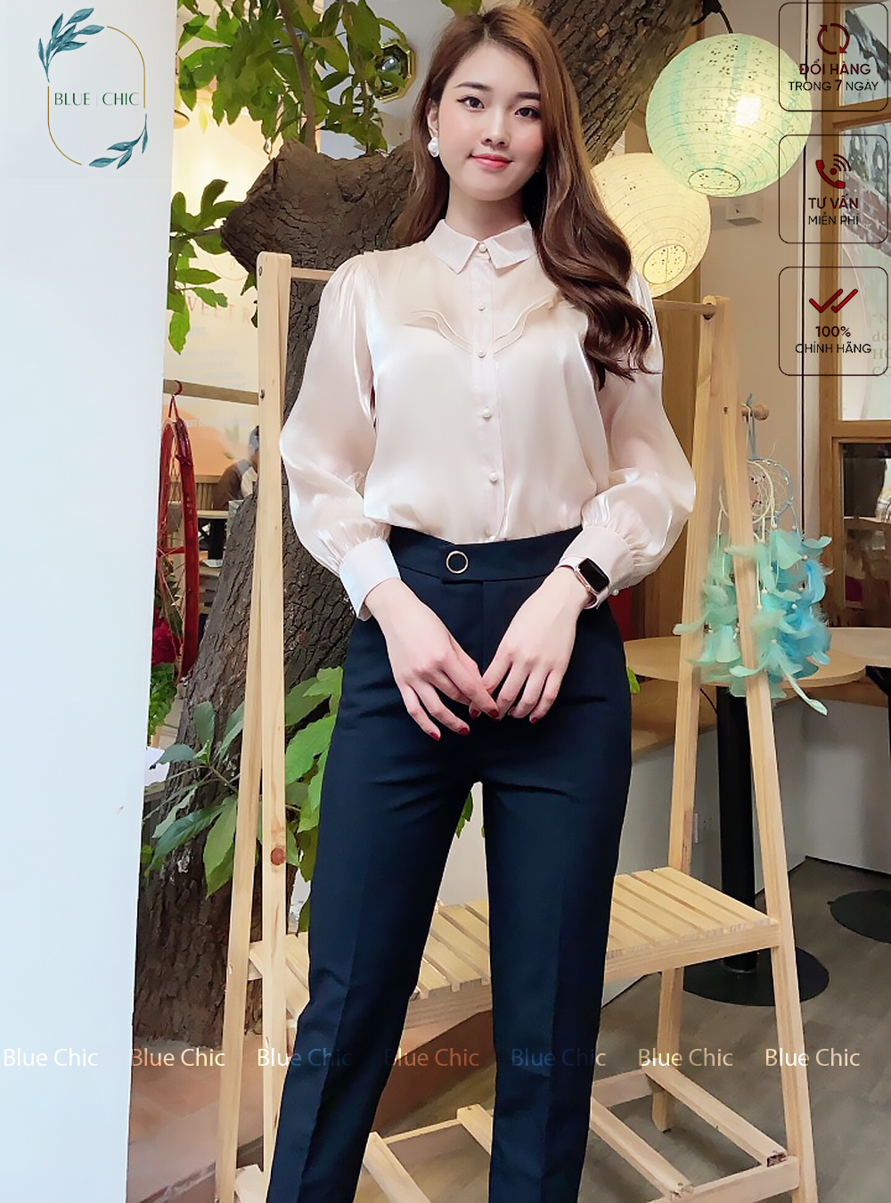 Quần baggy nữ Blue Chic đai tròn đẹp cúc bấm lệch gấu đồ công sở form dáng chuẩn chất vải cao cấp
