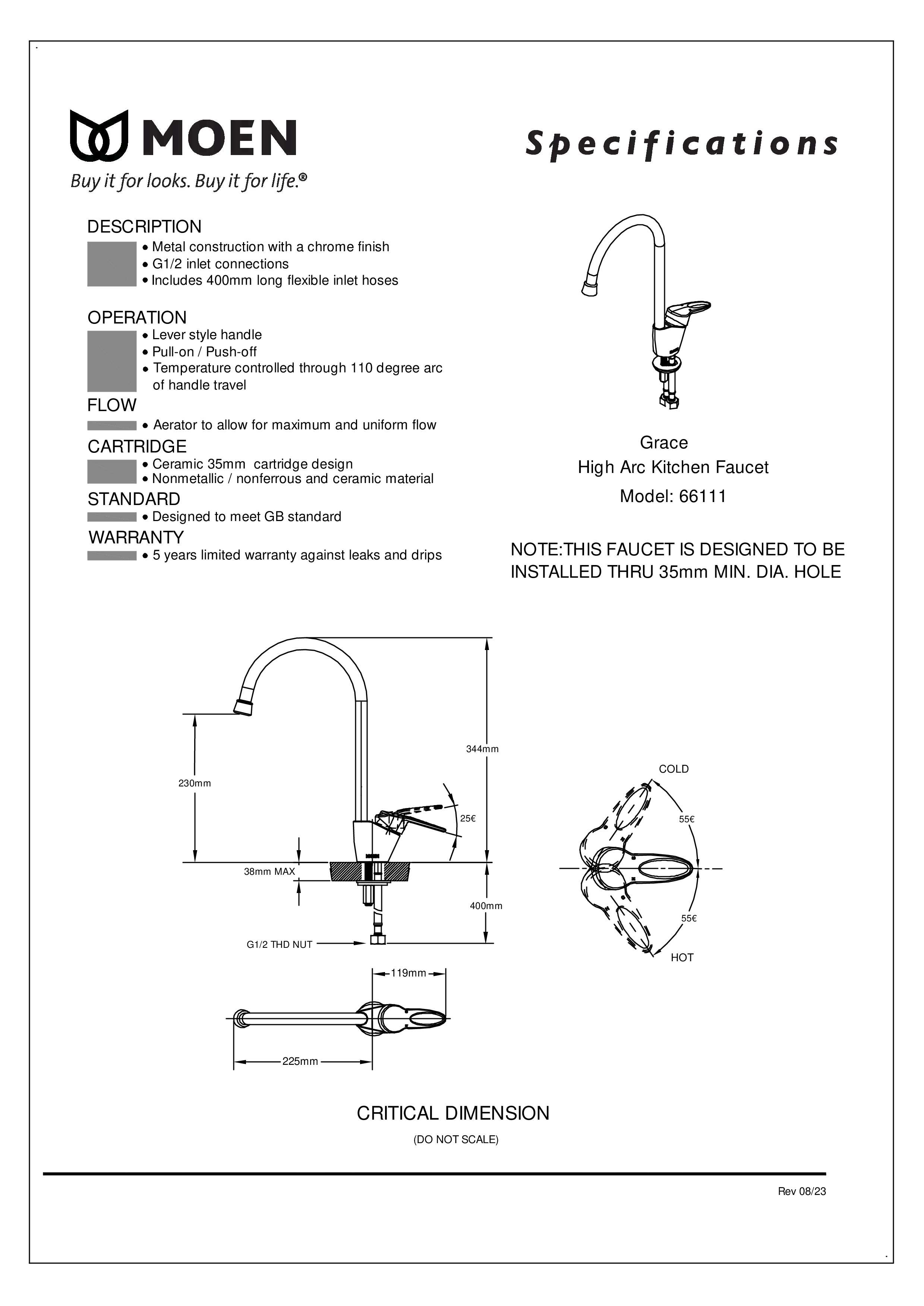 Vòi rửa chén nóng lạnh MOEN V66111 (HÀNG CHÍNH HÃNG)
