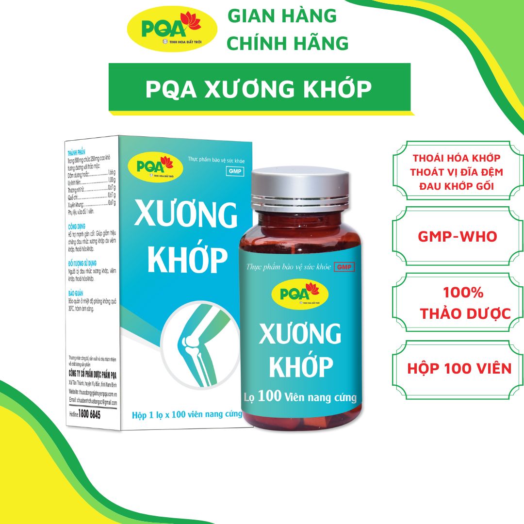 Viên nang PQA Xương Khớp hộp 100 viên là dược phẩm thảo dược cho người bị đau nhức xương khớp, viêm khớp, thoái hóa khớp, hỗ trợ mạnh gân cốt, giúp hạn chế triệu chứng đau nhức xương khớp do viêm khớp, thoái hóa khớp