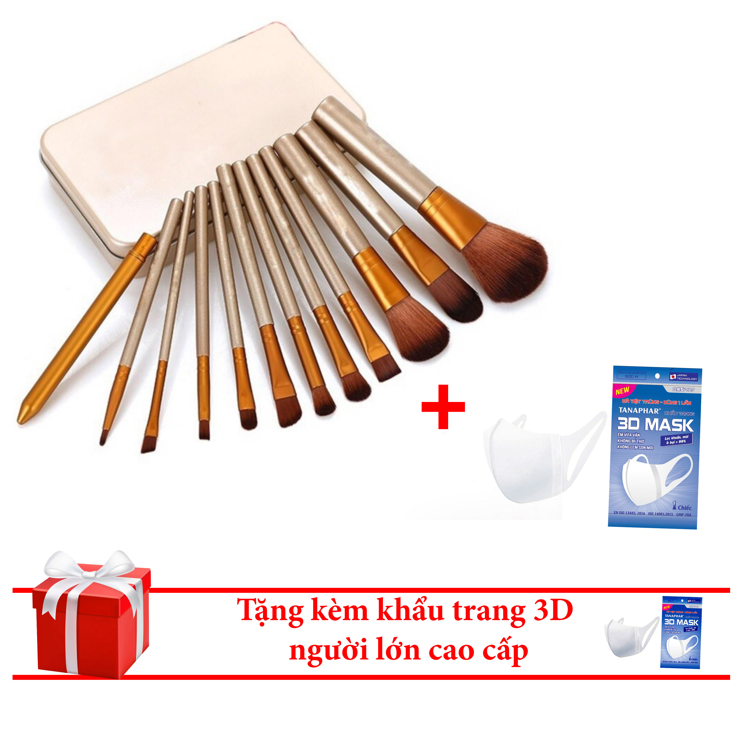 Bộ cọ trang điểm 12 món - đồ dùng làm đẹp tiện dụng dễ dàng mang theo bất cứ đâu, Tặng kèm khẩu trang 3D cao cấp