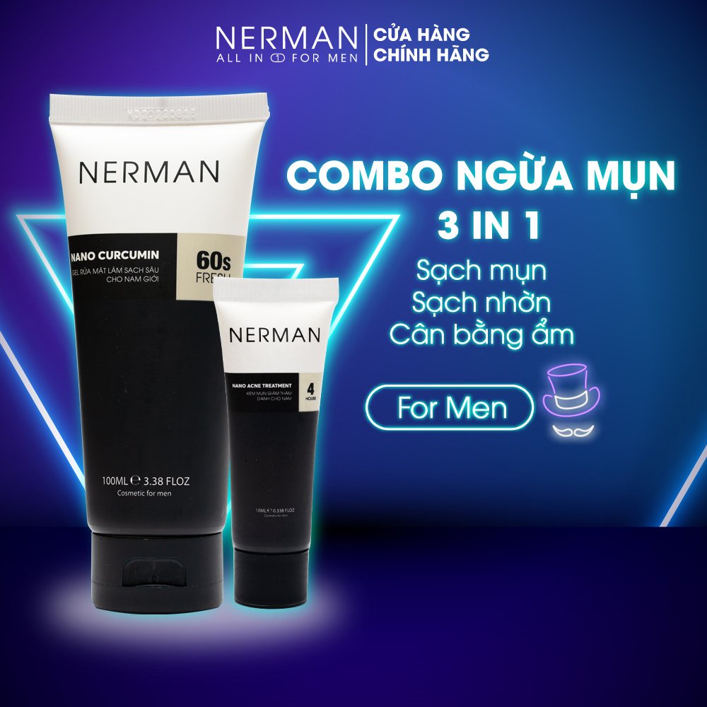 Combo ngừa mụn Nerman Anti-Acne giành cho nam giới làm sạch sâu ngăn ngừa mụn chống viêm kháng khuẩn