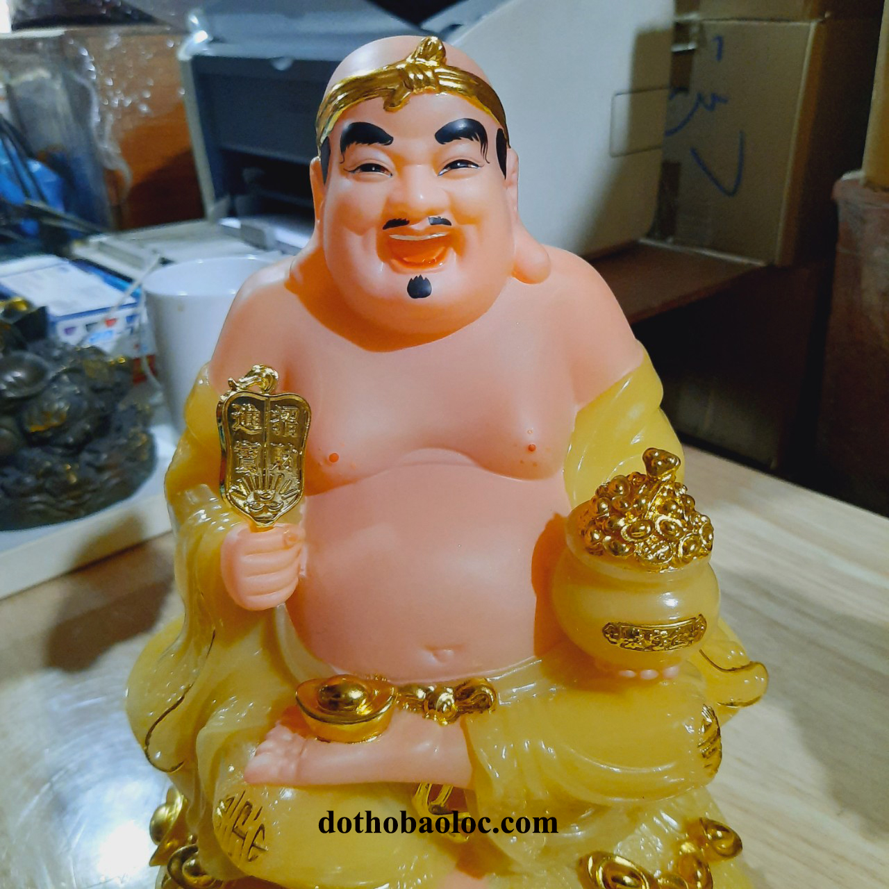Cặp tượng thần tài ông địa đá cao cấp nhập khẩu Đài Loan màu vàng  cao 25cm