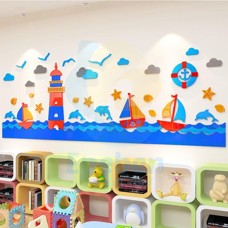 Tranh dán tường mica 3d decor khổ lớn đại dương ngọn hải đăng trang trí mầm non, mẫu giáo, phòng cho bé