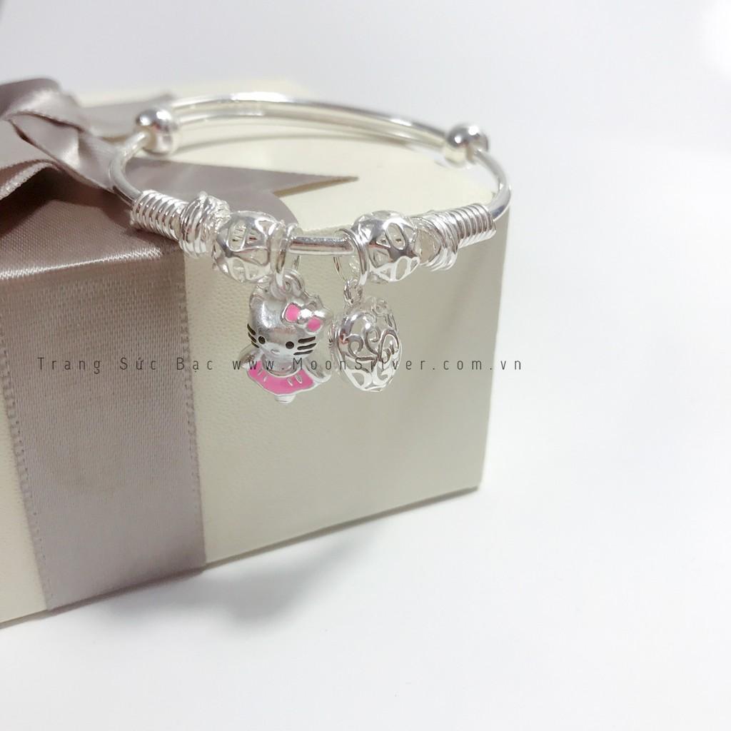 Lắc tay, vòng tay bạc cứng trẻ em hình con mèo, charm mèo kitty cho bé gái chuẩn bạc ta 999