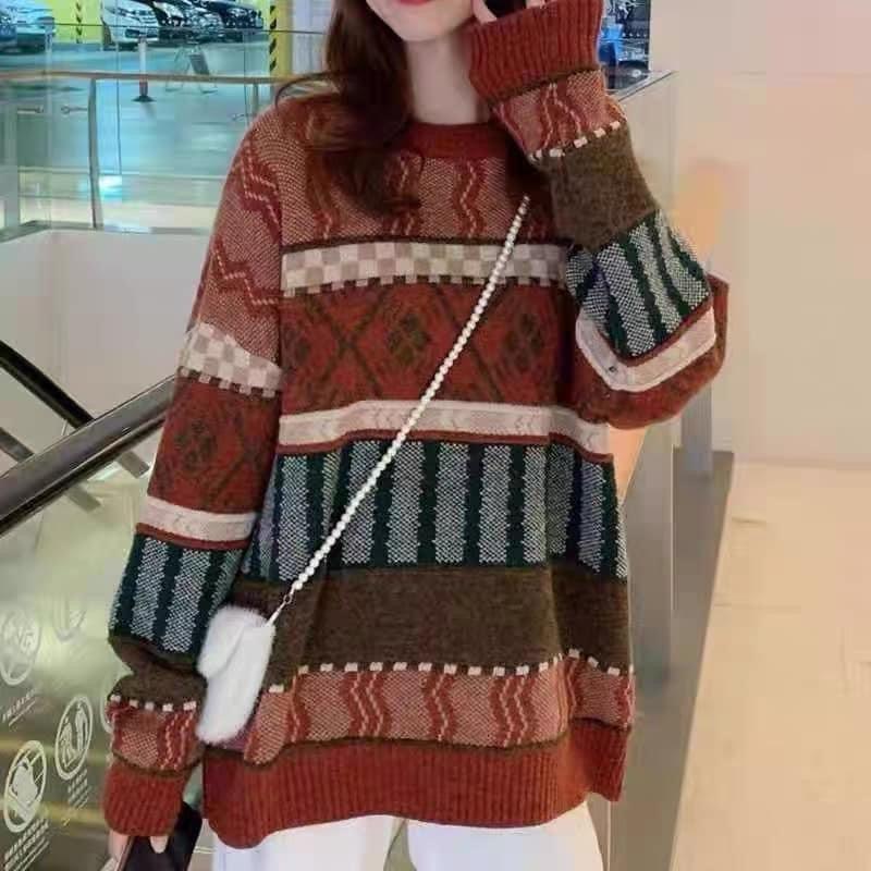 Áo len lông thổ cẩm Quảng Châu C15, áo len hoạ tiết thổ cẩm phong cách Hàn Quốc cho nữ