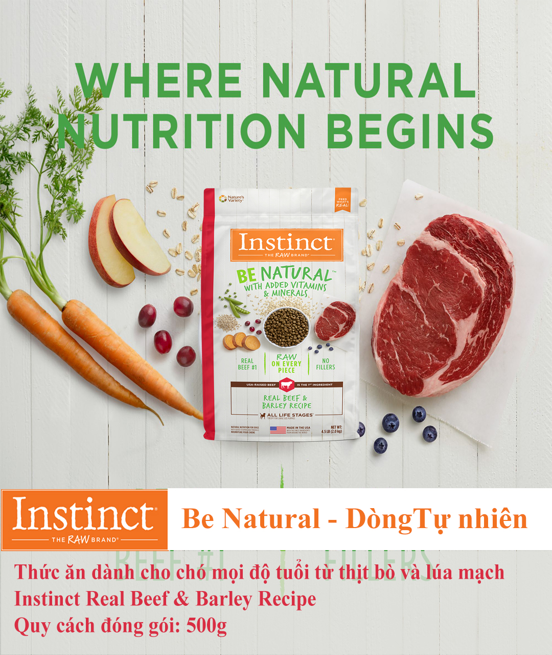 Thức ăn cho chó mọi độ tuổi từ thịt bò và lúa mạch Instinct Be Natural Real Beef (Túi 500g)