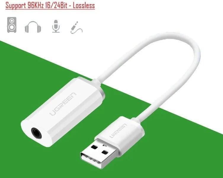 Ugreen UG30712US206TK 15CM màu Trắng Bộ chuyển USB 2.0 sang âm thanh 3.5mm - HÀNG CHÍNH HÃNG