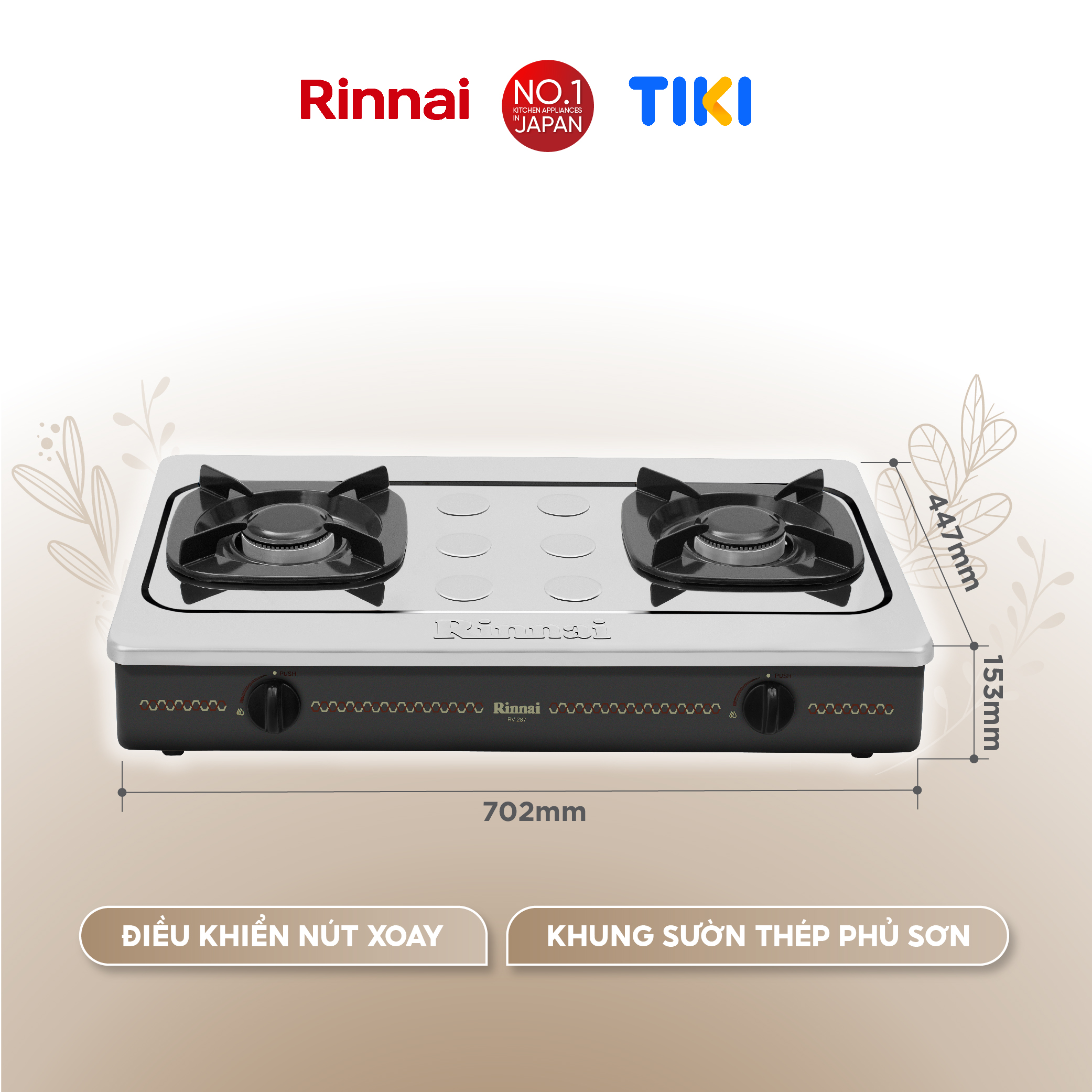 Bếp gas dương Rinnai RV-287(S)N mặt bếp inox và kiềng bếp men - Hàng chính hãng.