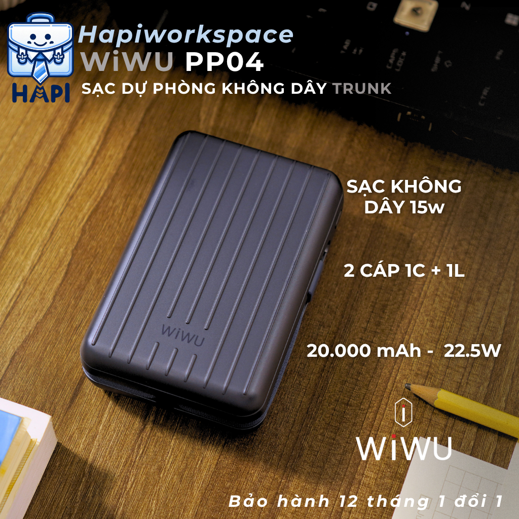 Sạc dự phòng hàng chính hãng WiWU Trunk Series 5-in-1 Wi-PP04, cáp C/L, sạc không dây 15W