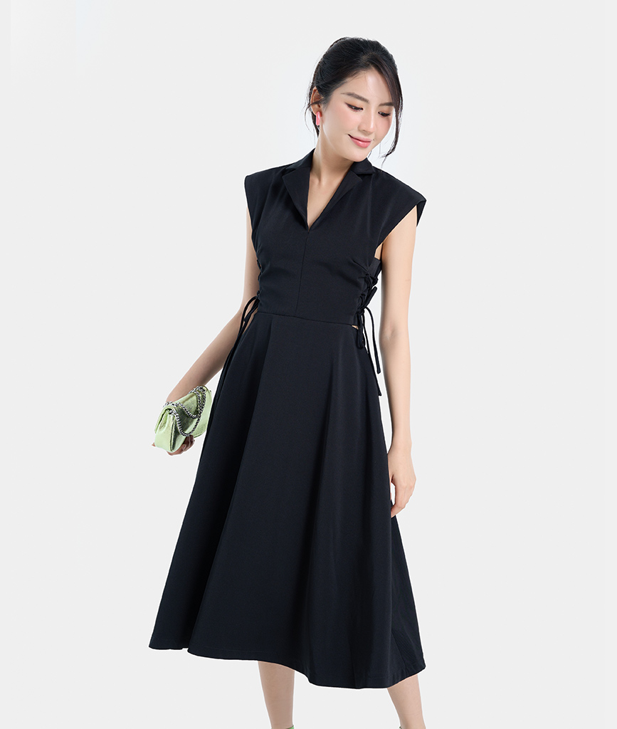 Đầm Lửng Nữ Thời Trang HNOSS Cổ Vest Thắt Eo HNDLU093