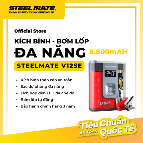Bơm Lốp &amp; Kích Bình Ô Tô STEELMATE V12SE – Hỗ Trợ Động Cơ Xăng 3.0L, Dầu 2.0L, Hiển Thị LCD, Tự Động Ngắt, Bảo Hành 2 Năm