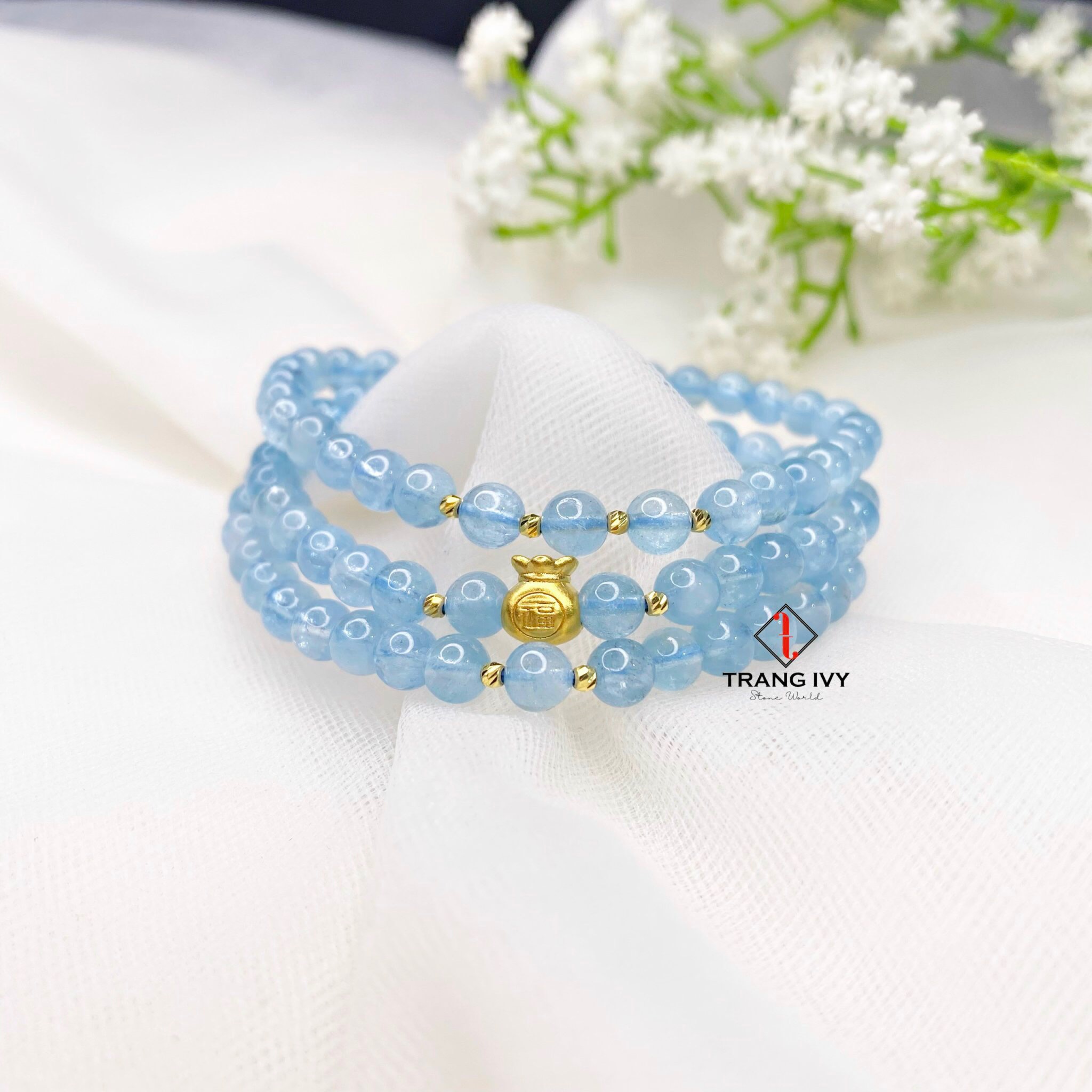 Vòng Tay Đá Aquamarine Mix Charm Túi Tiền Vàng 24K Và Bi Vàng 10K