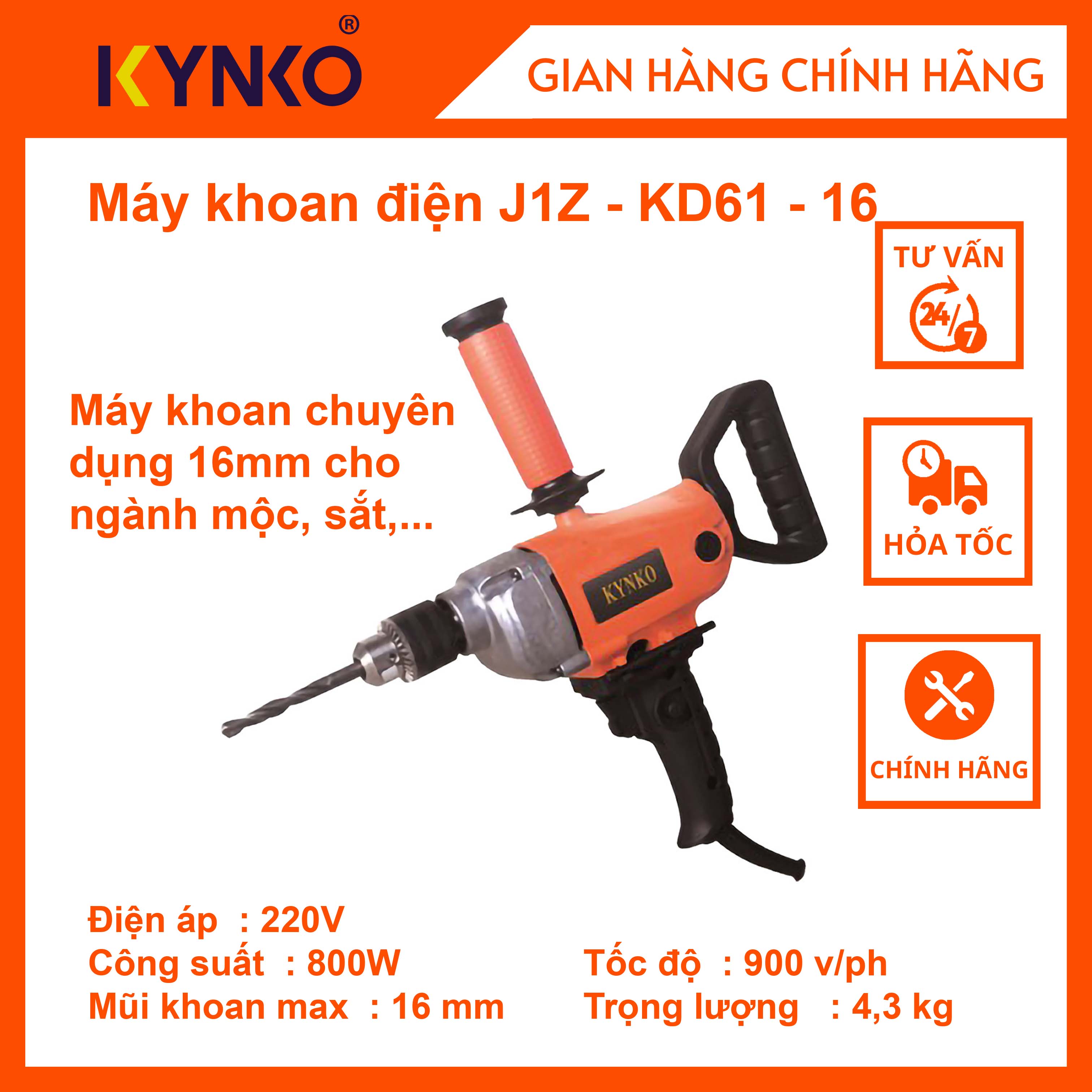 Máy khoan điện cầm tay chính hãng Kynko J1Z-KD61-16 giá tốt