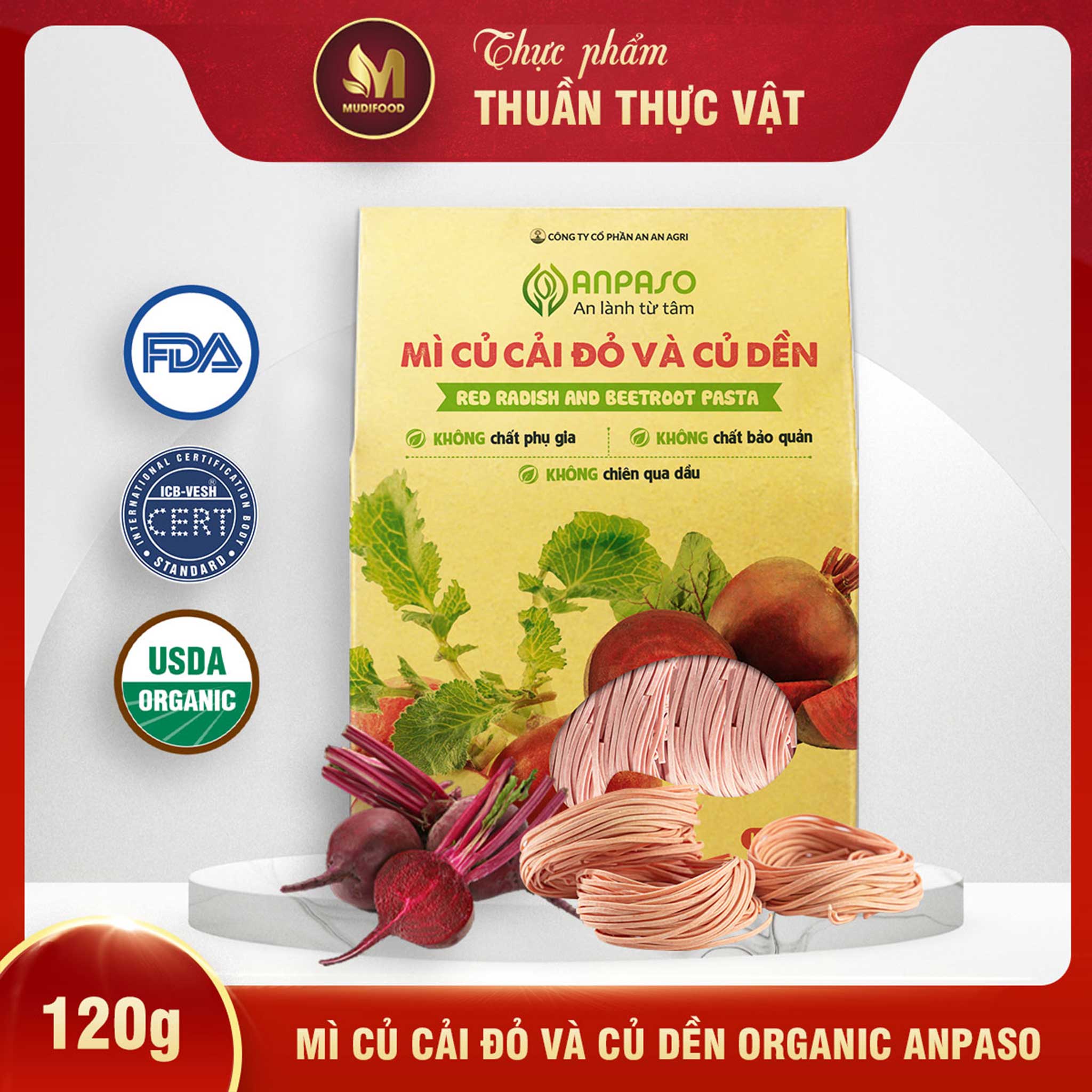 Mì Rau Củ Củ Cải Đỏ Và Củ Dền Organic Anpaso 120g/ 300g - Cung Cấp Nhiều Vitamin, Giàu Sắt, Protein Thực Vật, Chất Xơ, Tốt Cho Sức Khỏe, Tăng Cường Hệ Miễn Dịch, Hỗ Trợ Tiêu Hóa - Người Tập Gym và Yoga, Ăn Kiêng, Ăn Chay, Giảm Cân, Eat Clean