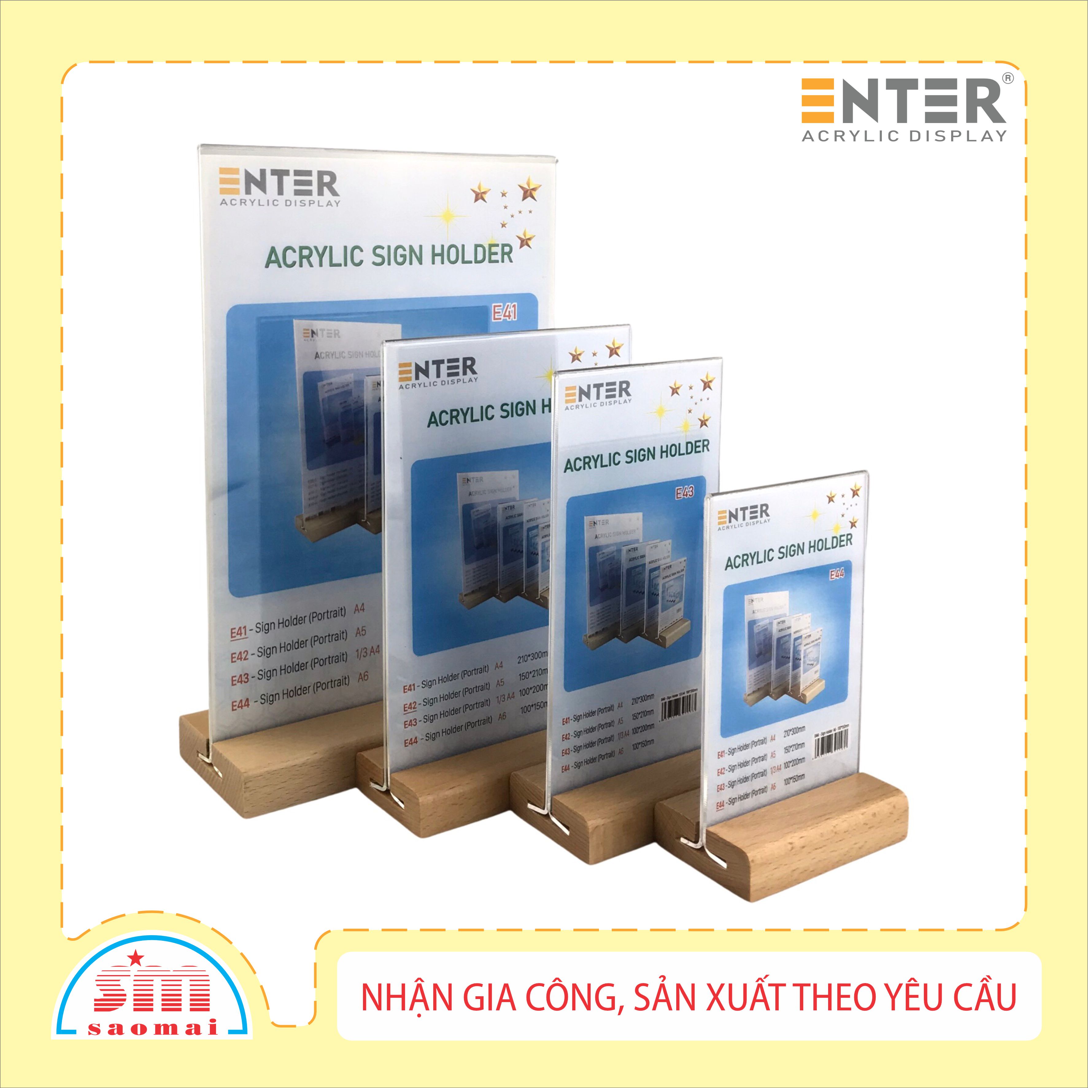 Kệ mica 2 mặt Enter E43 100x210mm đế gỗ 1/3A4 đứng