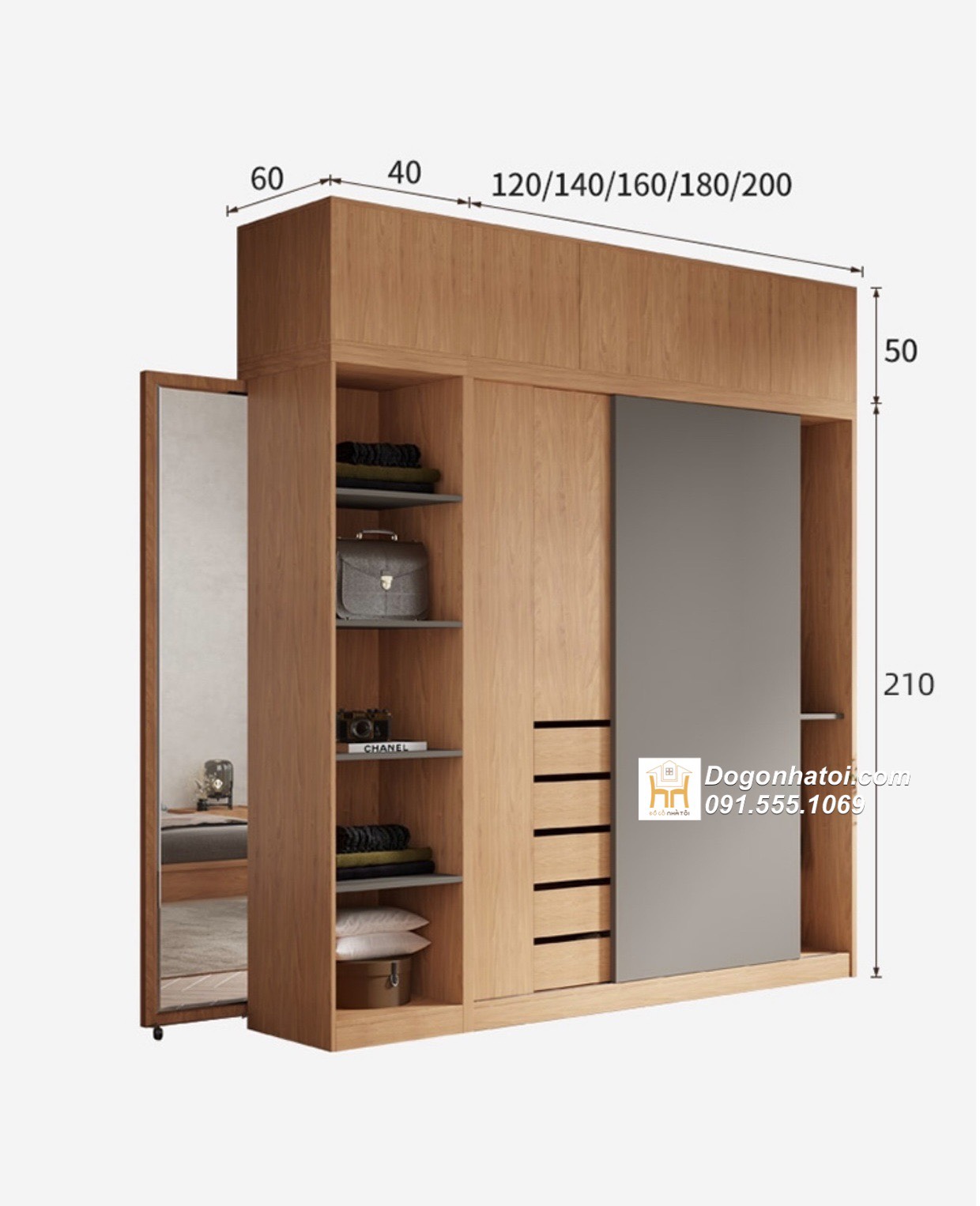 Tủ quần áo cửa lùa gỗ mdf đẹp 2m x 1m8 - TA201